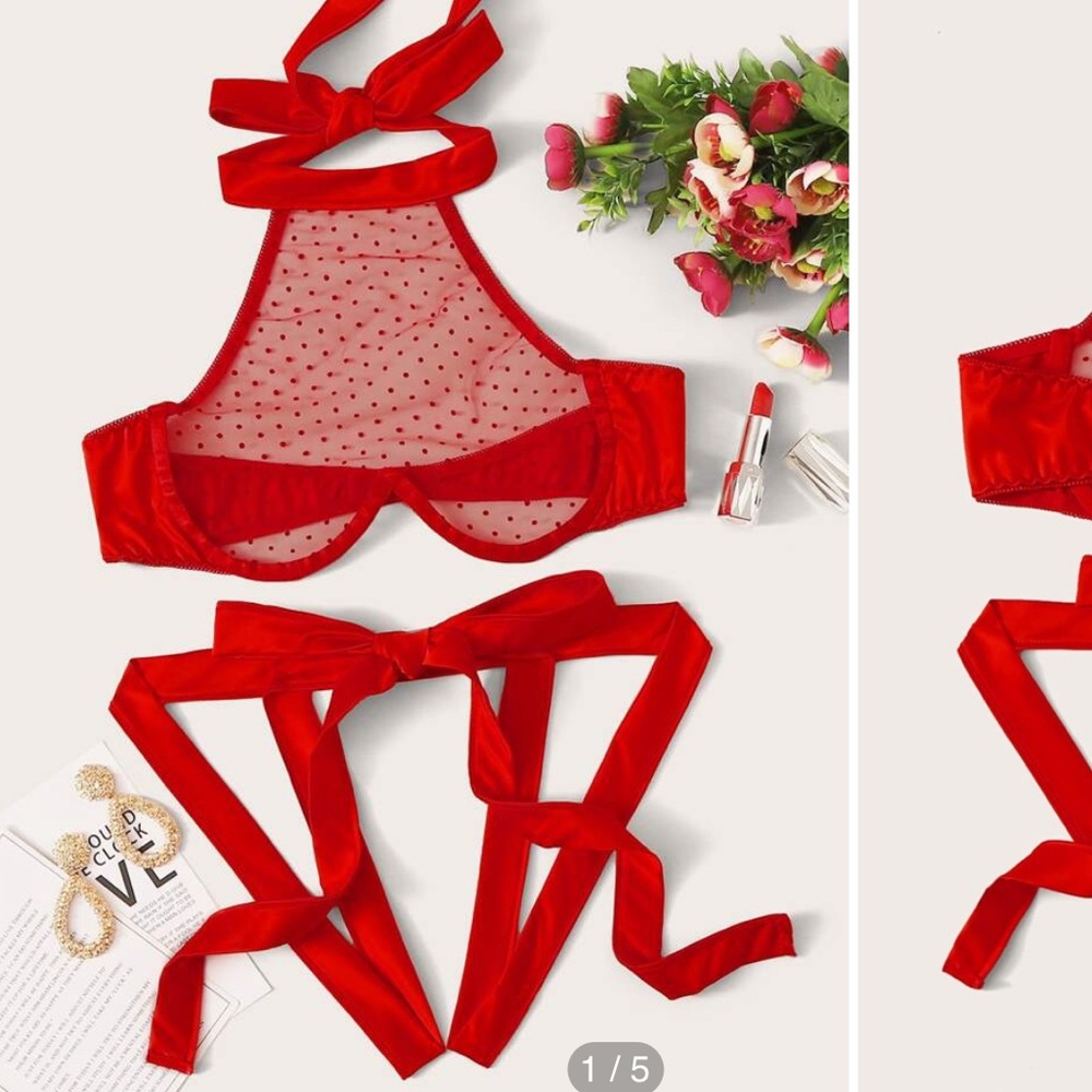 Polka Dot Mesh Underwire Bra & Ribbon Lingerie Set